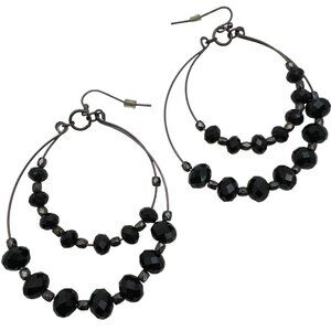 Boho Black Faceted Bead Cascade Hoop Earrings Sparkling Whimsigoth Retro Chic